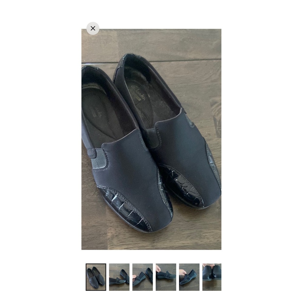 Clarks Cloudsteppers Black Slip On Loafer Faux Croc Patent Trim Womens Shoes 7.5